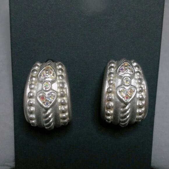 Vintage Sterling Silver Half Hoop Earrings Twisted Rope Heart Crystal Accents - Picture 14 of 15